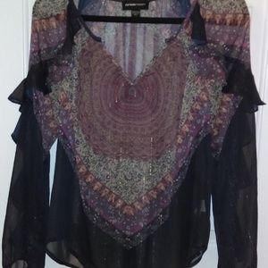 Navy mauve ruffle sleeve blouse by Fifteen Twenty